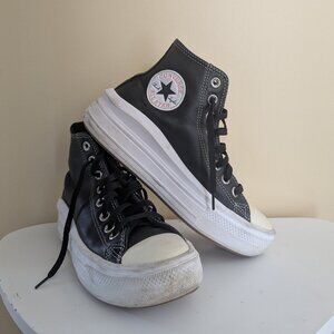 CONVERSE BLACK LEATHER PLATFORM HI TOP SNEAKERS
